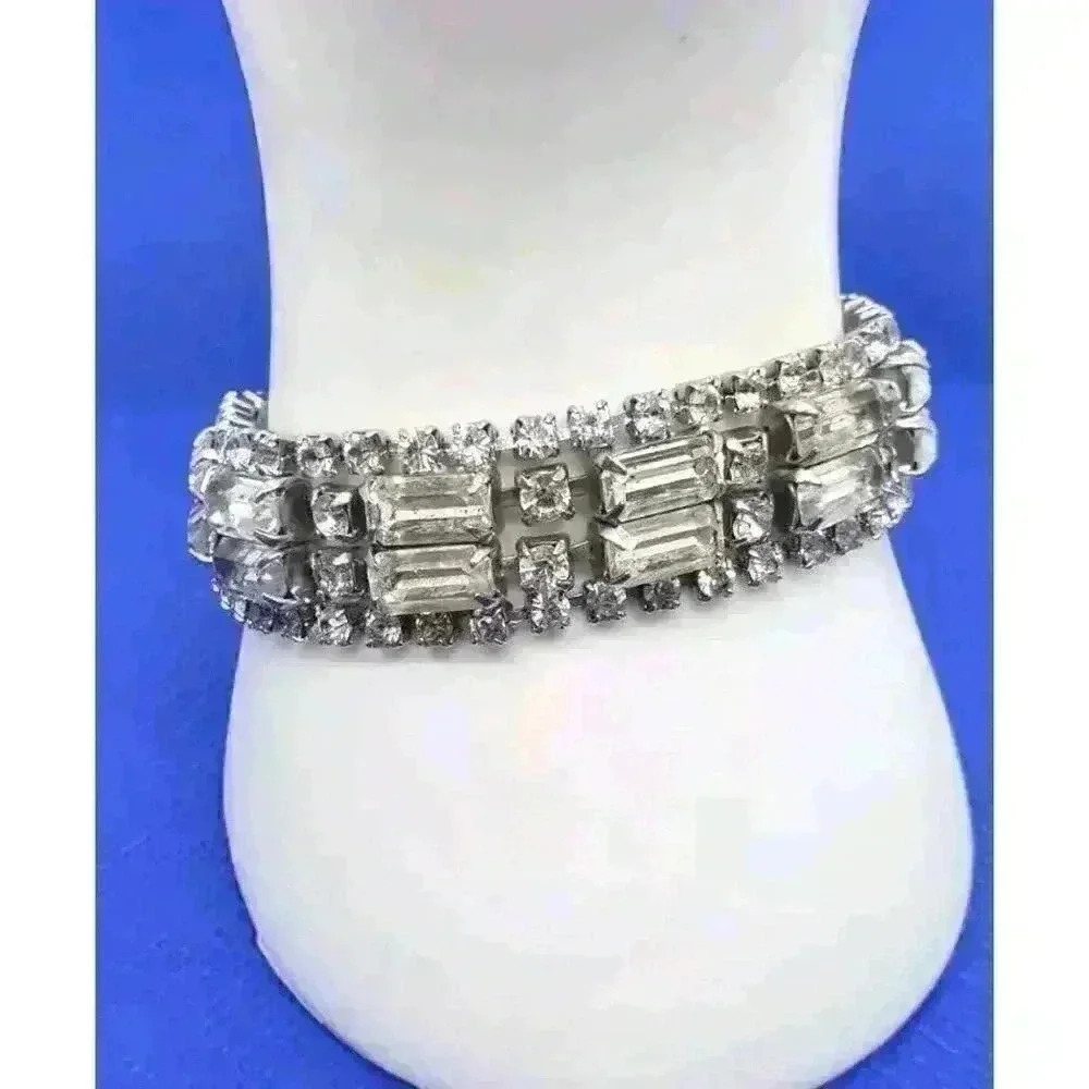 Vintage Bracelet Rhinestone Wide Chunky Double Baguette Fancy 1940s Bling